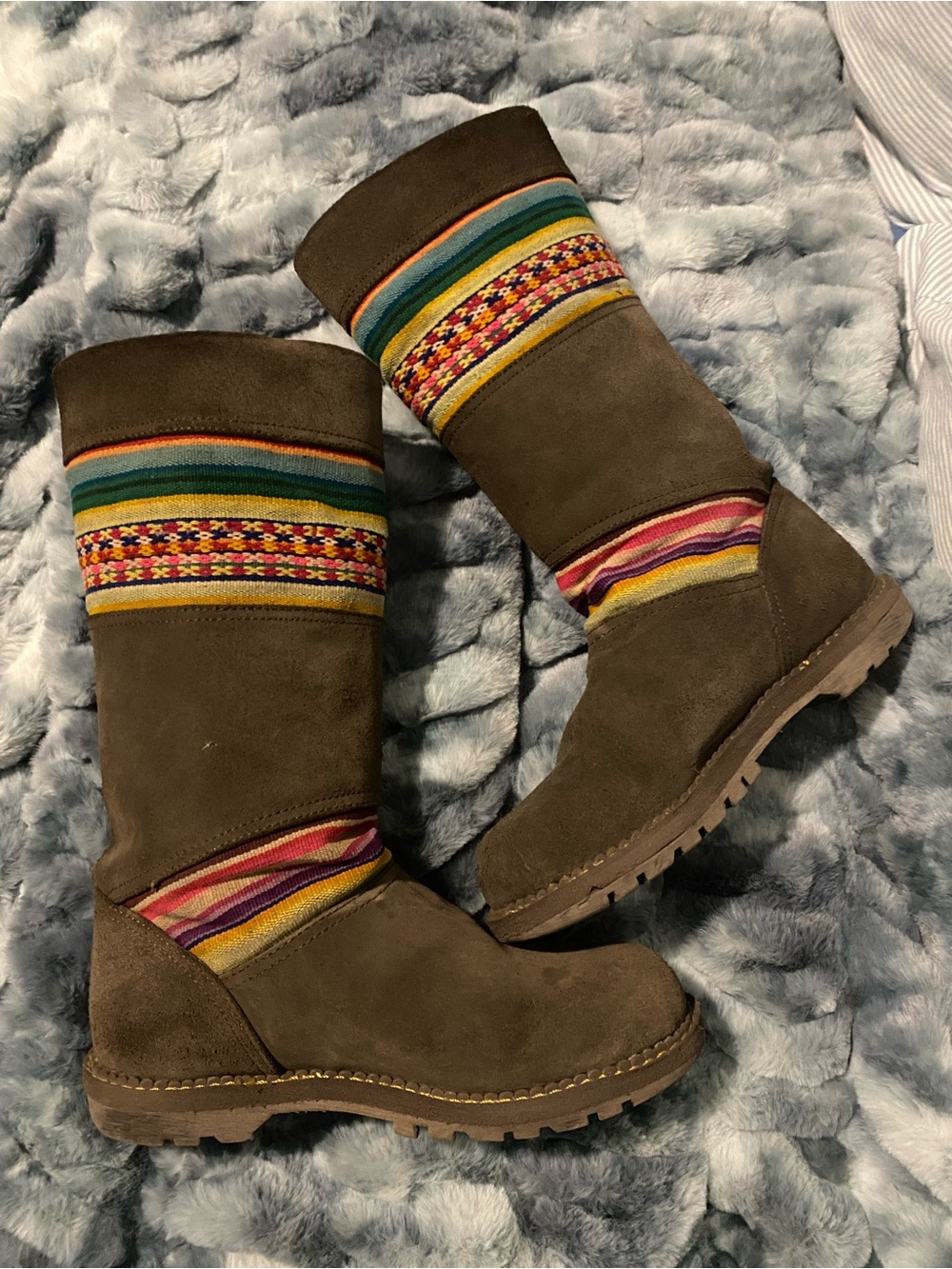 Women’s Olive Suede Mid-Calf Boots with Multicolor Striped Accents